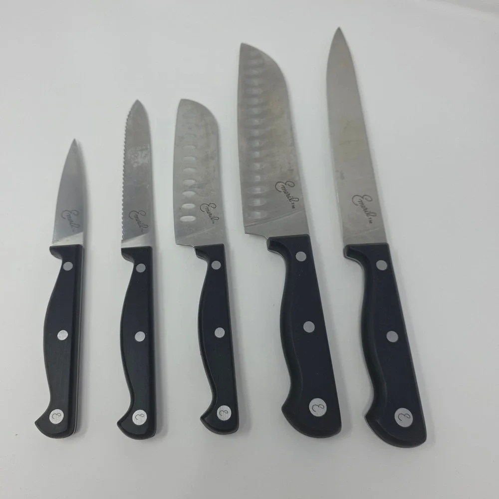 Emeril Knife Set 5 Pce Stainless Steel Black Triple Rivet Slicer Santoku Paring
